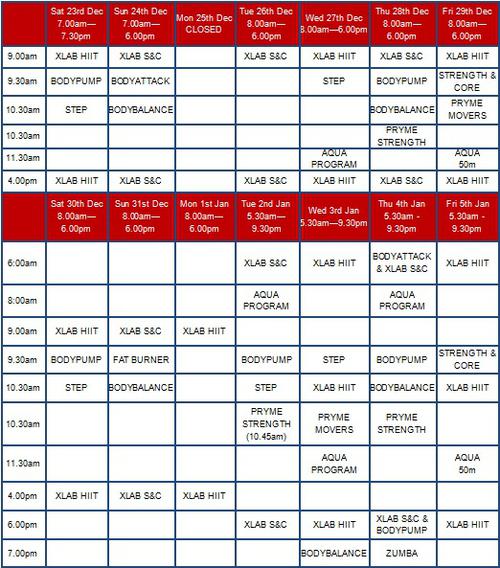 Christmas Group Fitness Timetable